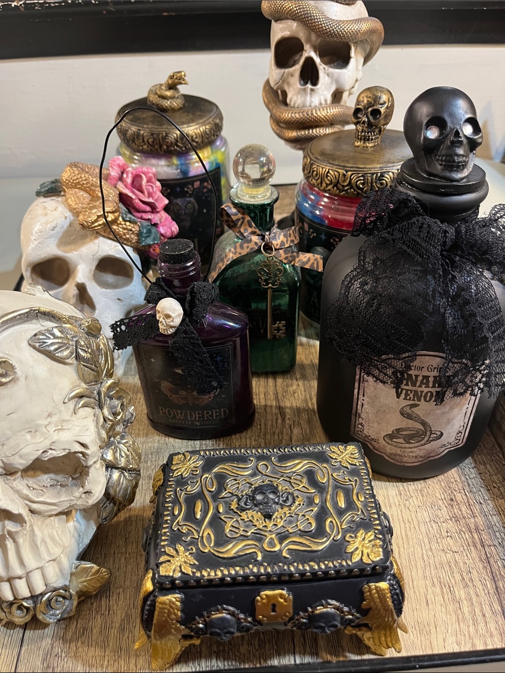 Decorative Skull Tray Accent - Black, White & Gold Home Accent